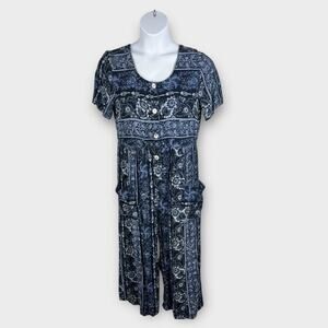 Vintage Blue Floral Cropped button front Jumpsuit Rayon Medium Boho Casual